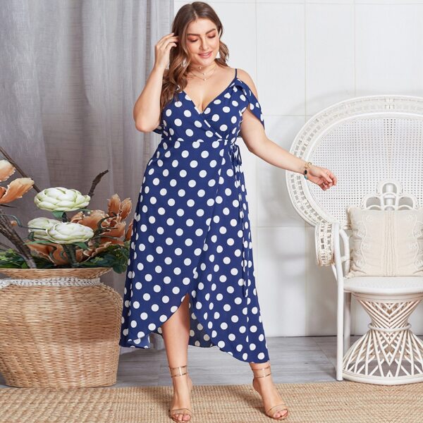 

Plus Polka Dot Wrap Tie Side Dress, Navy
