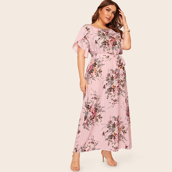 

Plus Floral Print Petal Sleeve Dress, Multicolor
