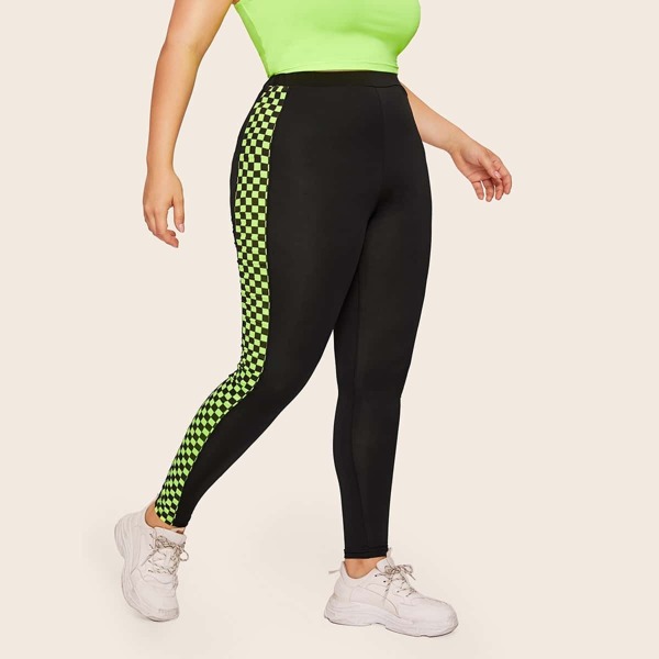 

Plus Contrast Neon Lime Checkered Leggings, Black