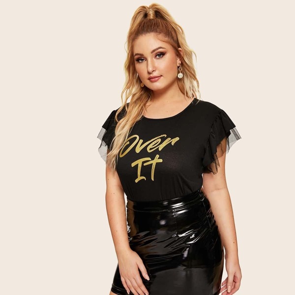 

Plus Contrast Mesh Letter Print Tee