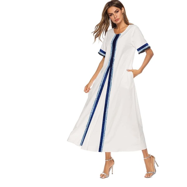 

Contrast Ribbon Pocket Detail Dress, White