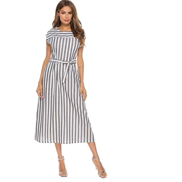 

Striped Cap Sleeve Pocket Detail Belted Dress, Multicolor