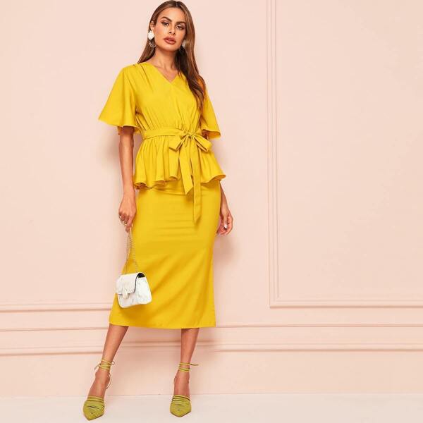 

V-neck Belted Blouse & Split Hem Skirt, Yellow