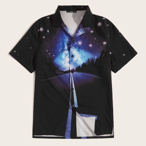 

Men Button Up Notched Galaxy Print Shirt, Black