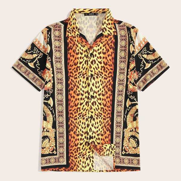 

Men Button Up Notched Animal Scarf Print Shirt