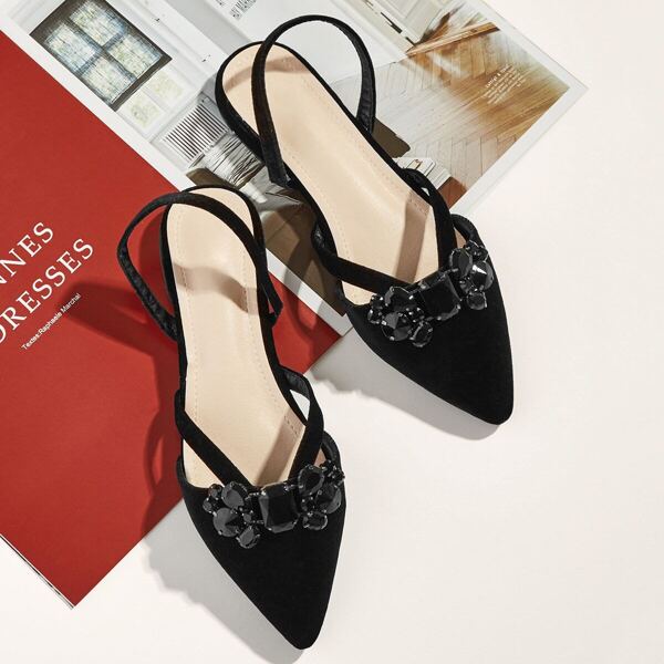 

Rhinestone Decor Point Toe Flats, Black