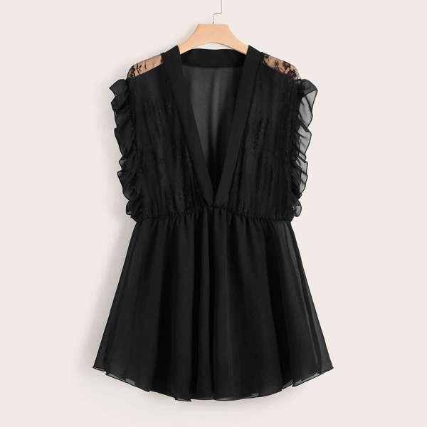 

Plus Contrast Lace Ruffle Plunging Mini Dress, Black