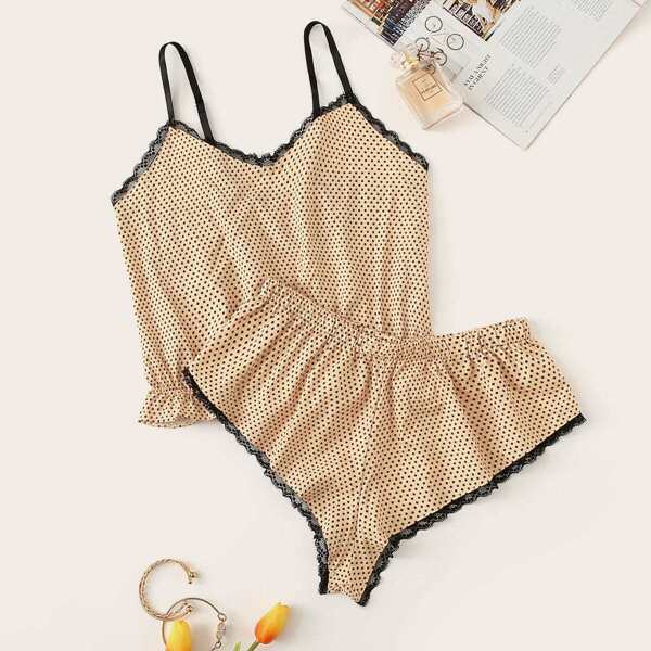 

Polka Dot Lace Trim Cami Top With Panty 2pc