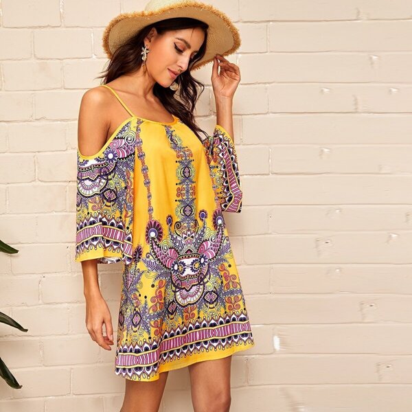 

Cold Shoulder Paisley Print Cami Dress