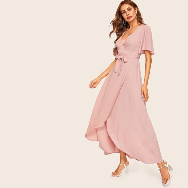 

Bell Sleeve Surplice Wrap With Belt Dress, Pink pastel