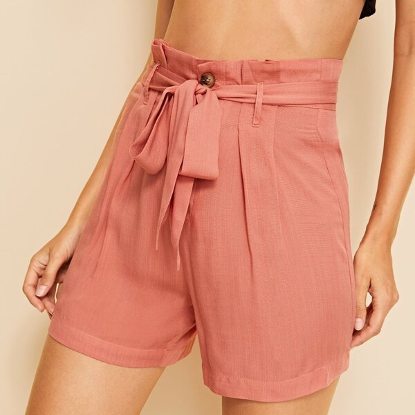 

Solid Pleated Detail Paperbag Waist Shorts