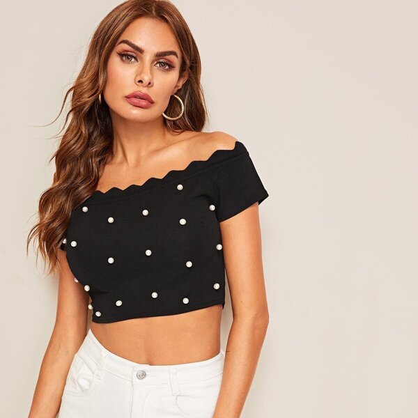 

Scallop Trim Pearls Beaded Bardot Crop Top