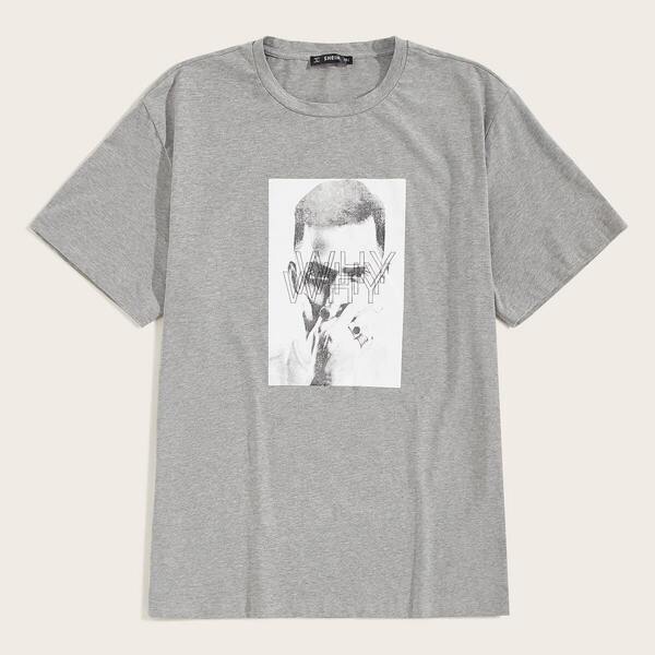

Men Letter & Figure Print Tee, Grey