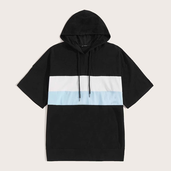 

Men Drop Shoulder Cut-and-sew Drawstring Hoodie