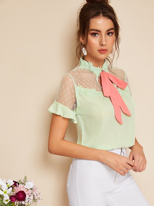 

Mesh Yoke Floral Lace Applique Tied Neck Blouse, Green, MARTINA