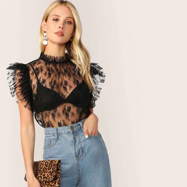 

Mock-neck Sheer Lace Top Without Bra