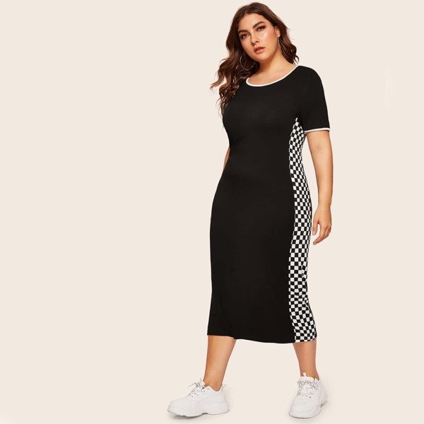 

Plus Checked Side Ringer Tee Dress, Black