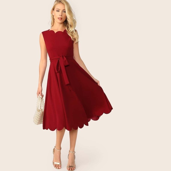 

Scallop Edge Self Belted Dress, Burgundy