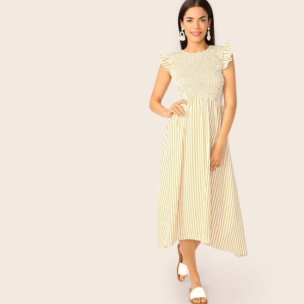 

Ruffle Armhole Striped Shirred Dress, Yellow