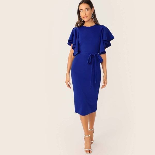 

Flutter Sleeve Slit Hem Belted Pencil Dress, Blue