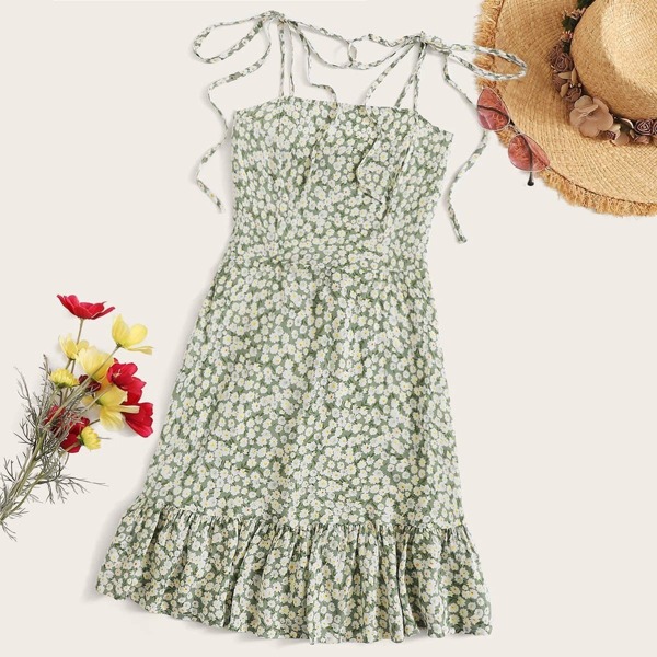

Tie Shoulder Ruffle Hem Daisy Cami Sundress, Multicolor