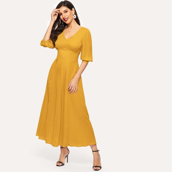 

Puff Sleeve Wide Waist Pleated Front Dress, Yellow