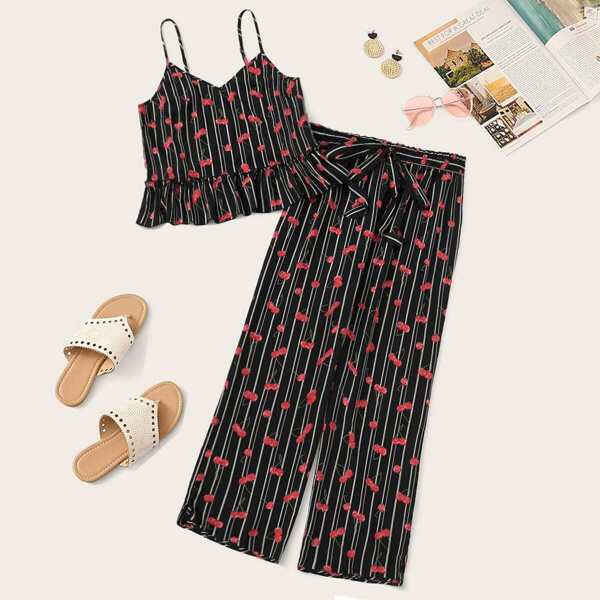 

Plus Cherry & Striped Ruffle Hem Cami & Pants PJ Set, Black