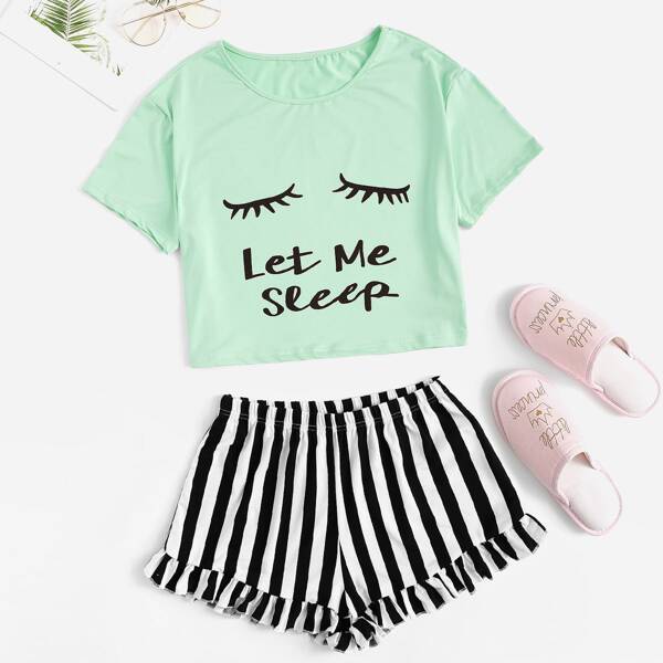 

Eye and Letter Top & Ruffle Striped Shorts PJ Set