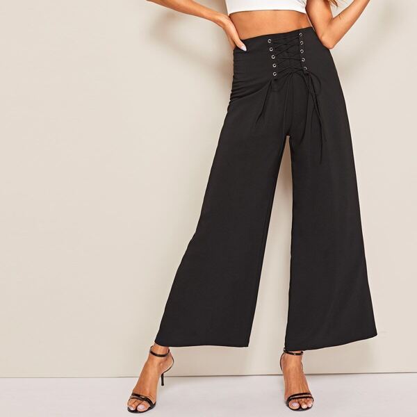 

Lace Up Corset Waist Wide Leg Pants, Black