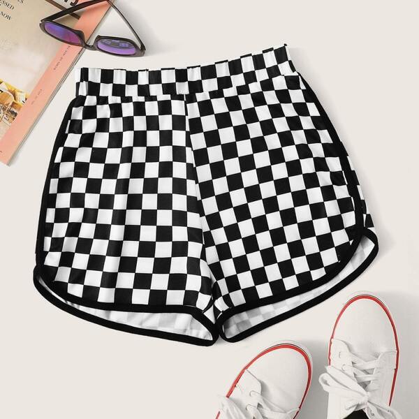 

Checker Print Dolphin Shorts, Black and white