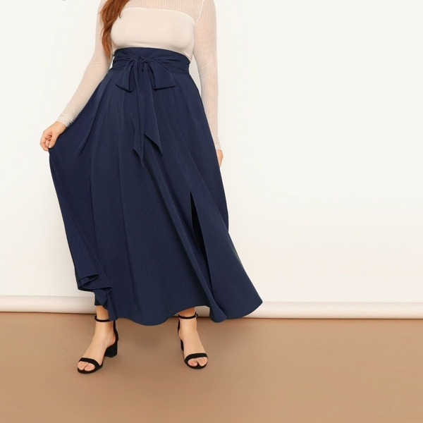 

Plus Wide Band Waist Self Belted Maxi Skirt, Navy