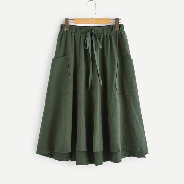 

Plus Knot Elastic Waist Patch Pocket Skirt, Army green