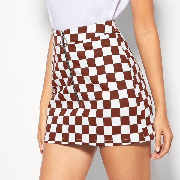 

O-ring Zipper Up Checked Bodycon Skirt