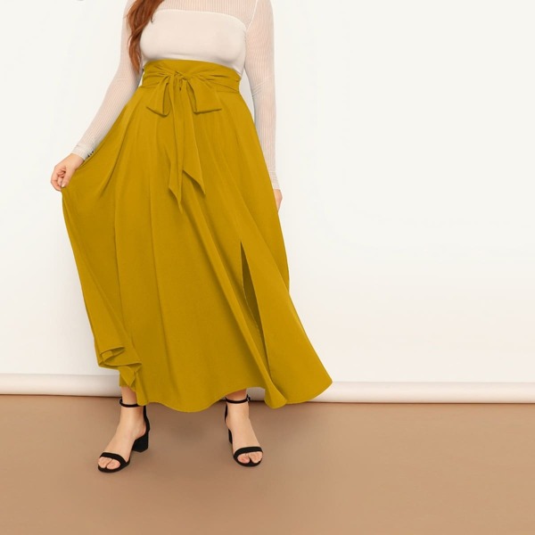 

Plus Tie Waist Split Flared Skirt, Yellow