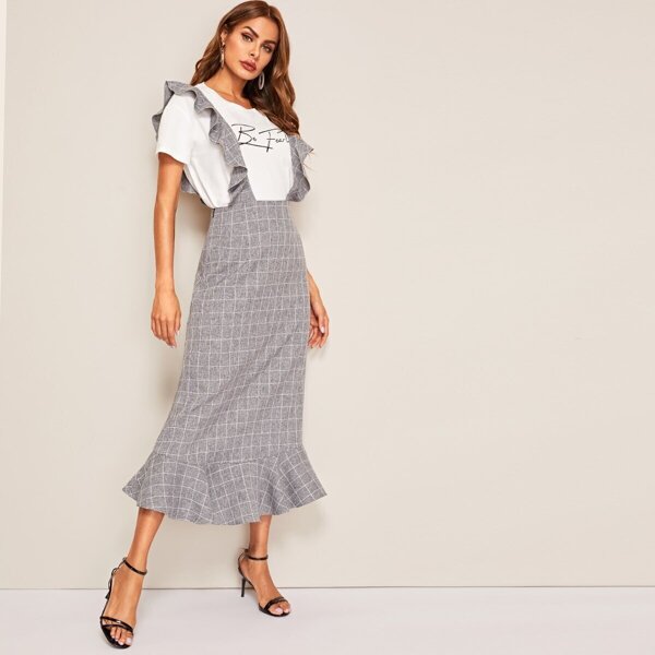 

Ruffle Hem Grid Print Overall Skirt, Grey