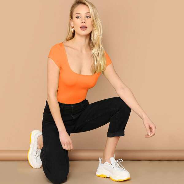 

Neon Orange Scoop Neck Form Fitting Tee