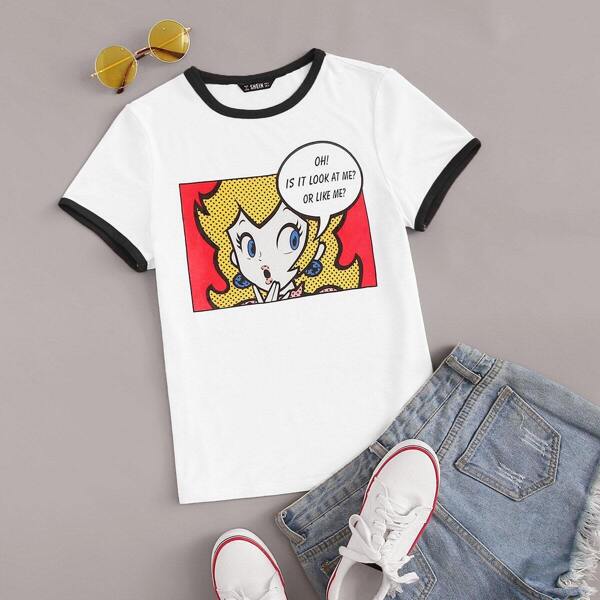 

Figure & Slogan Print Ringer Tee, White