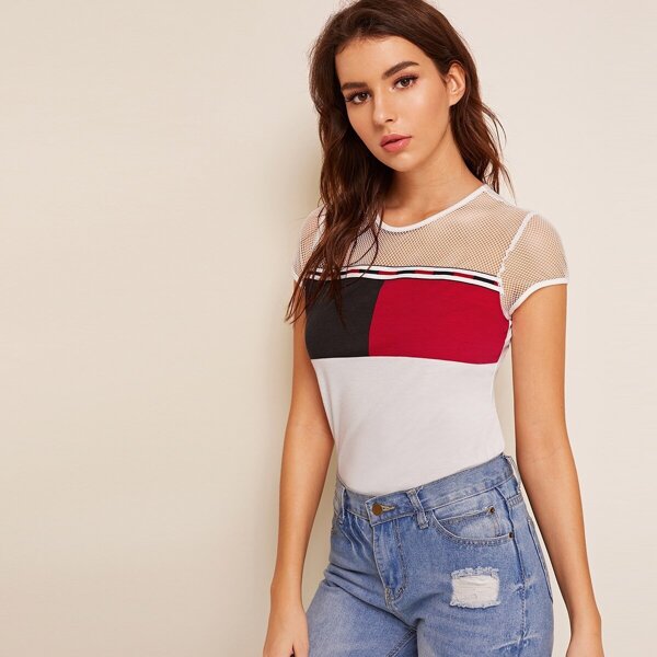 

Mesh Yoke Colorblock Tee, White