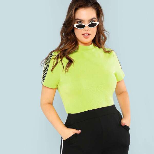 

Plus Neon Lime Checker Panel Mock-neck Tee