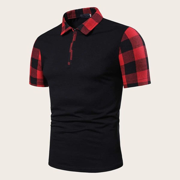 

Men Contrast Gingham Zipper Half Placket Polo Shirt, Black
