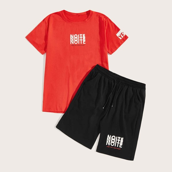 

Men Letter Print Tee With Drawstring Bermuda Shorts