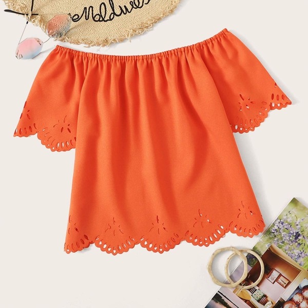 

Neon Orange Laser Cut Off The Shoulder Blouse