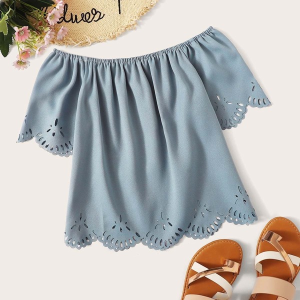 

Laser Cut Scalloped Bardot Top, Dusty blue