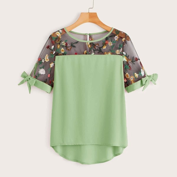 

Plus Contrast Mesh Embroidered Knot Cuff Blouse