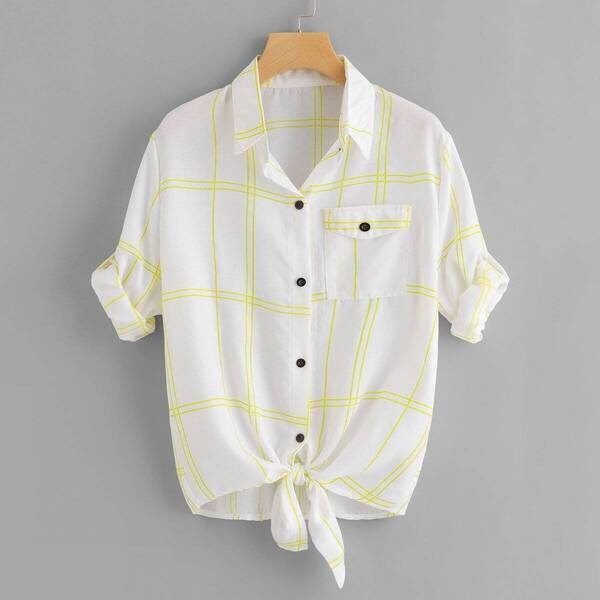 

Plus Knot Hem Plaid Blouse, White