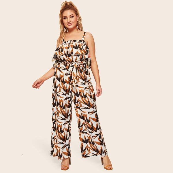 

Plus Leaf Print Ruffle Cami Jumpsuit