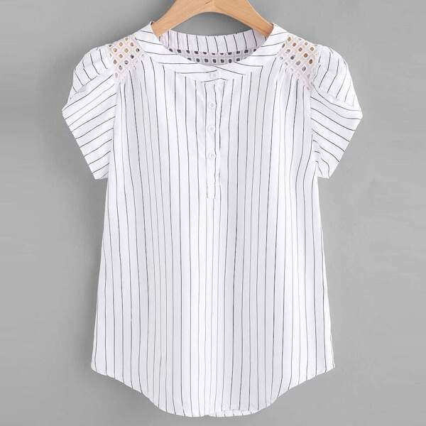 

Plus Eyelet Embroidery Striped Henley Blouse