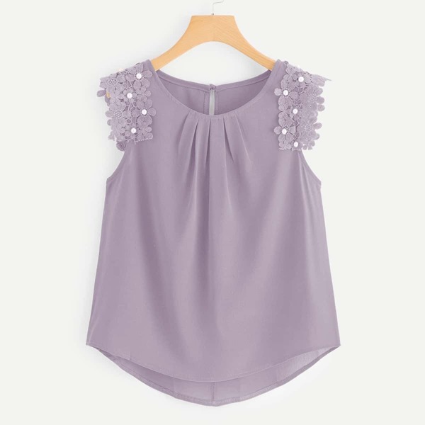 

Contrast Lace Pearl Beaded Cuff Blouse