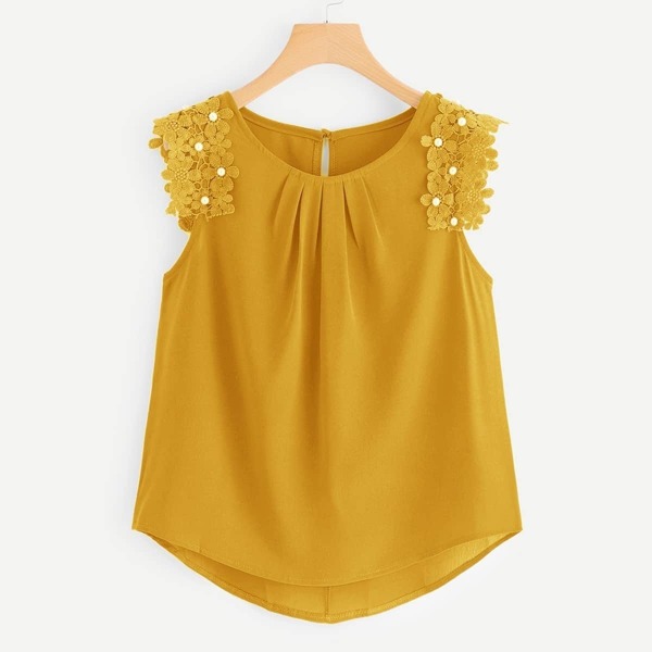 

Contrast Lace Pearl Beaded Cuff Blouse