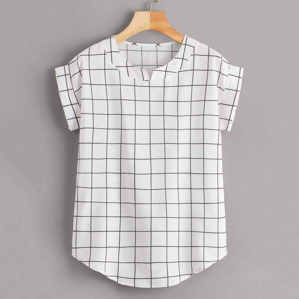 

Window Pane Plaid Rolled Cuff Blouse